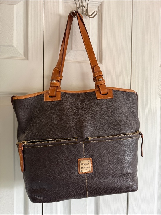Dooney & Bourke Handbags - Dooney & Bourke Dark Brown Leather Tote with Tan Trim
